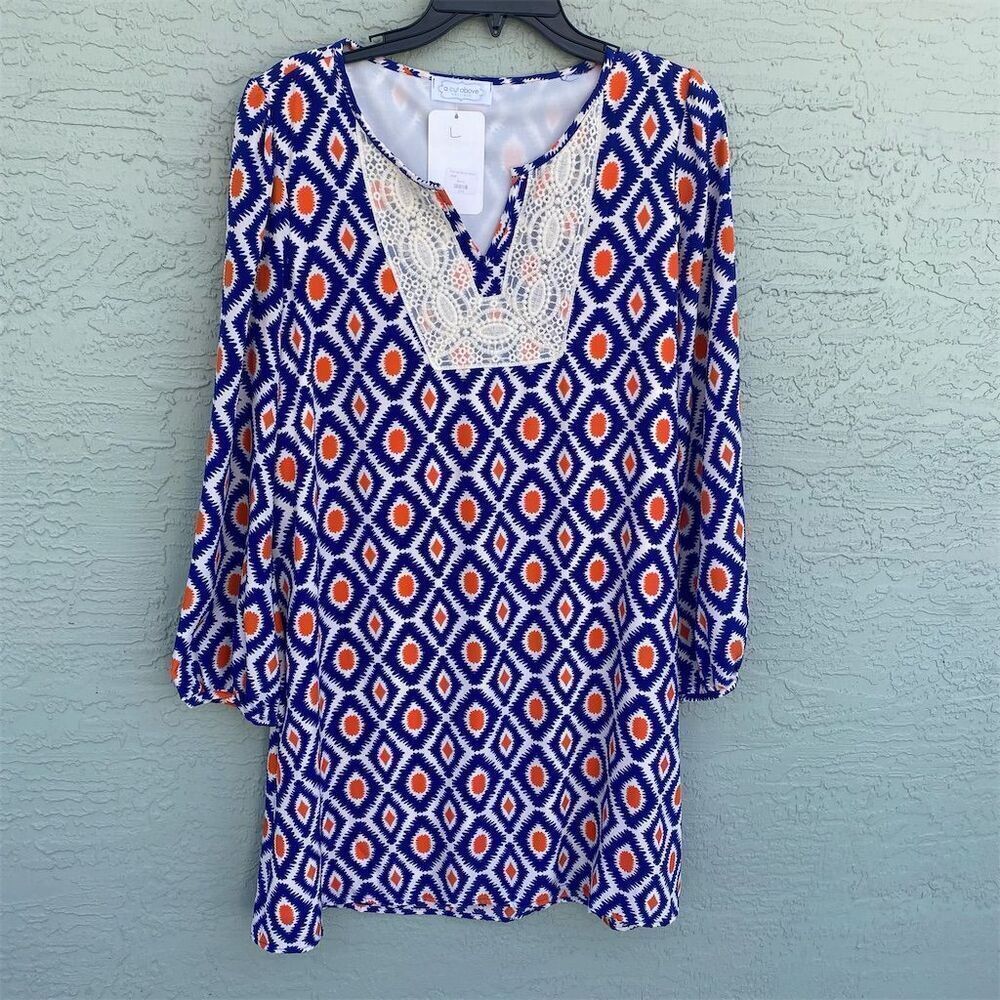 Women's Multicolor Geometric Tunic Dress L Knee Length Long Sleeve
